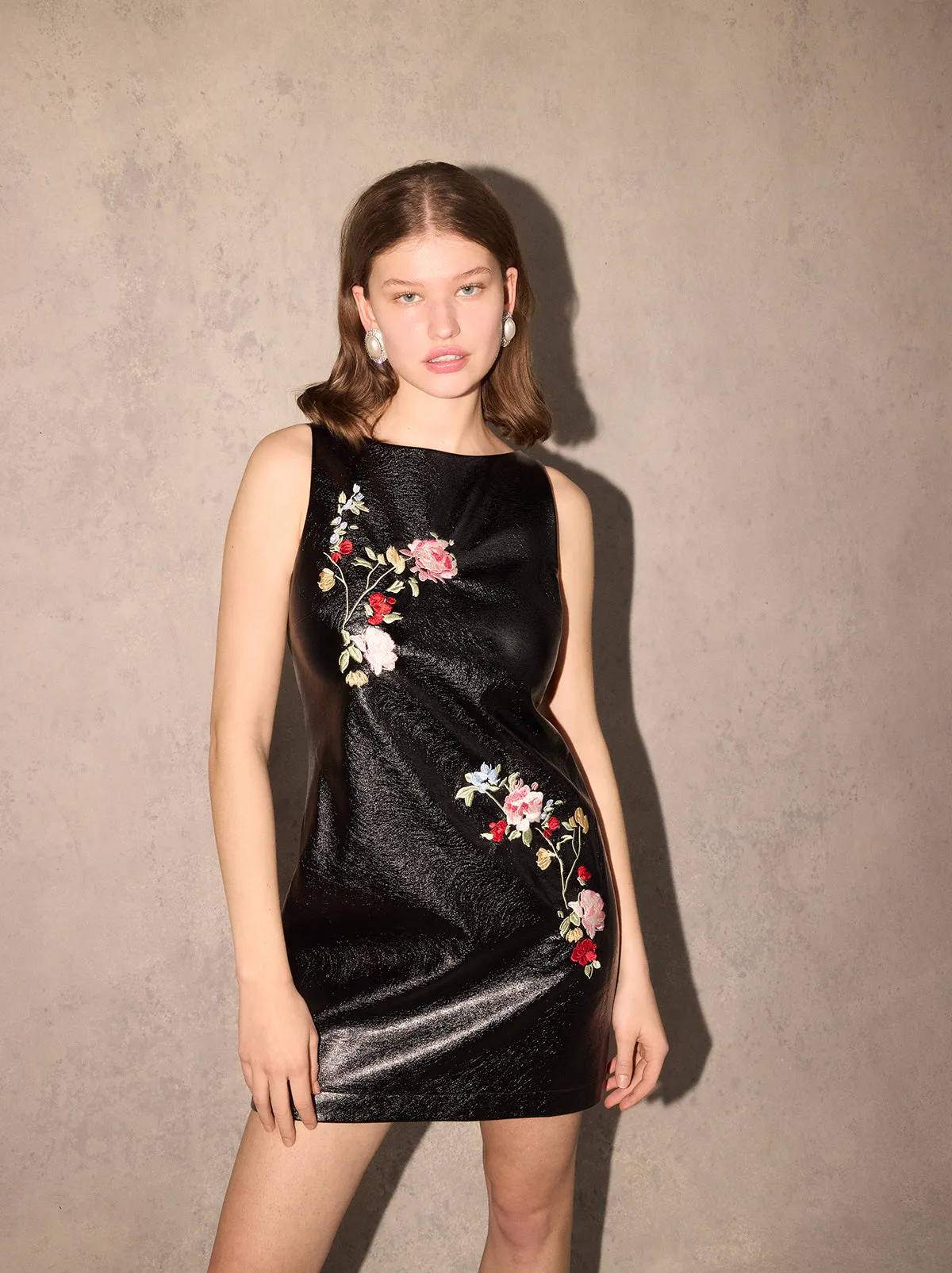 Carolyn Black Embroidered Vinyl Mini Dress