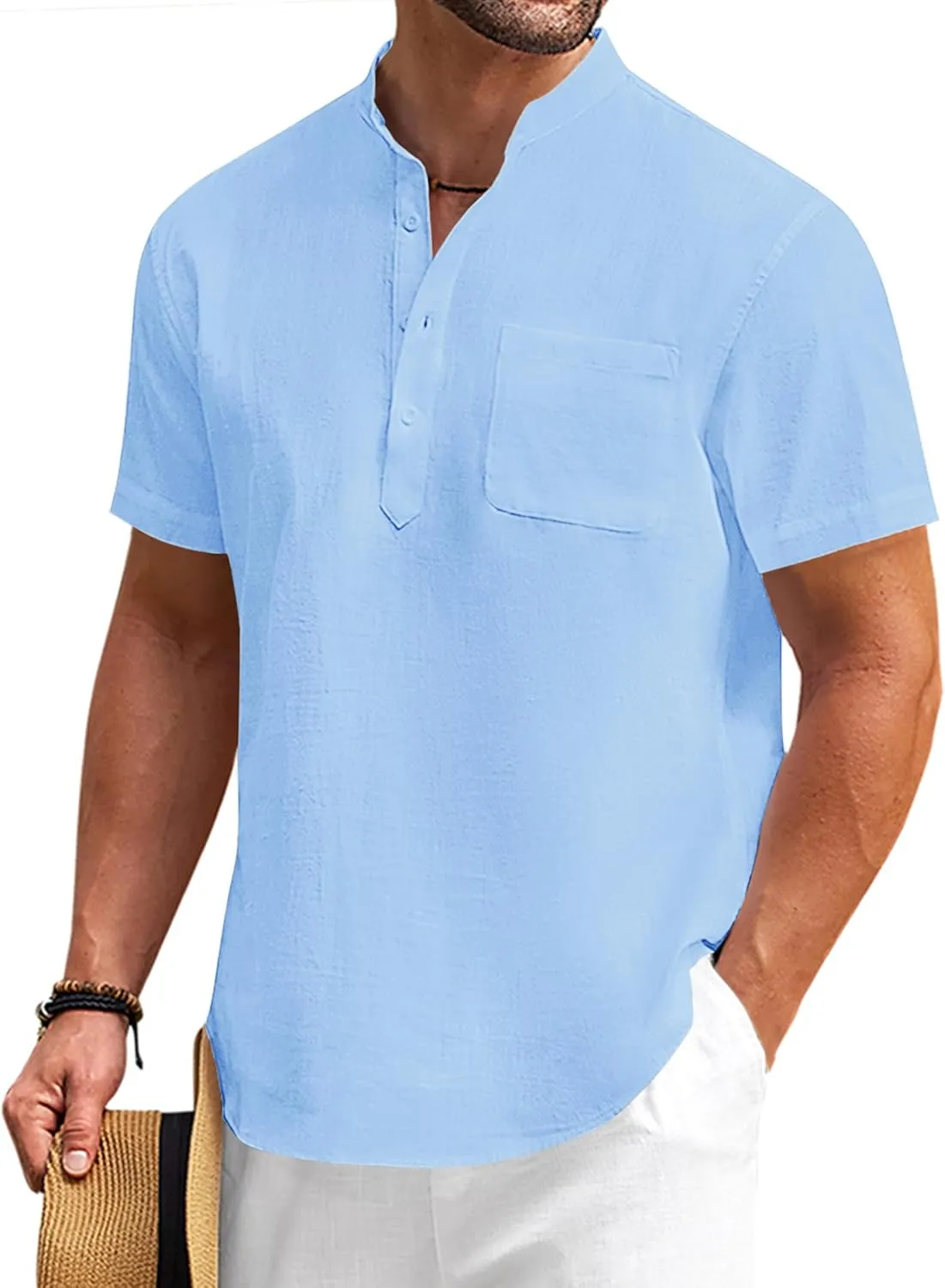 COOFANDY Men's Cotton Linen Henley Shirt Short Sleeve Hippie Casual Beach T-Shirts with Pocket