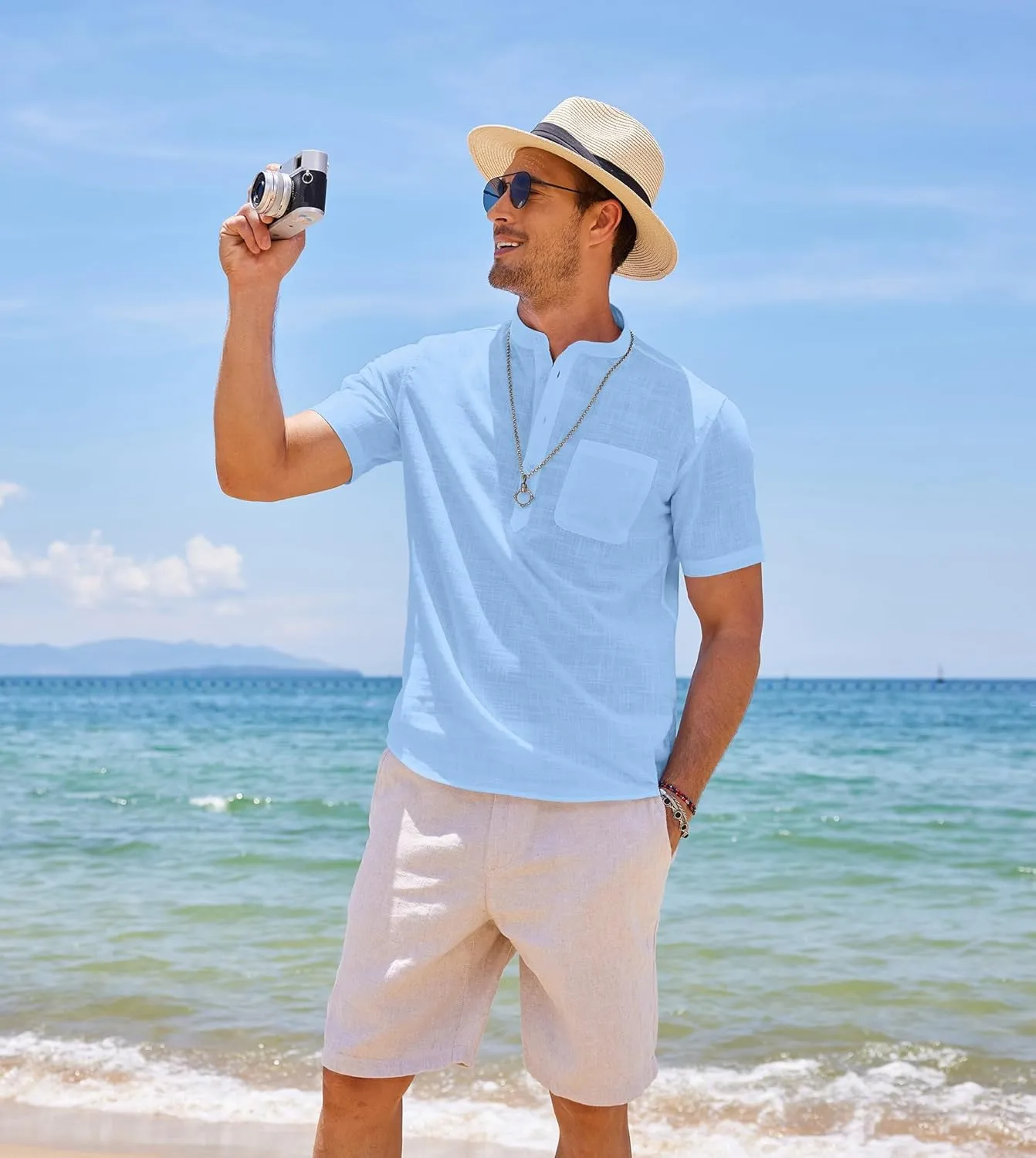 COOFANDY Men's Cotton Linen Henley Shirt Short Sleeve Hippie Casual Beach T-Shirts with Pocket