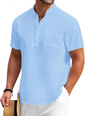 COOFANDY Men's Cotton Linen Henley Shirt Short Sleeve Hippie Casual Beach T-Shirts with Pocket