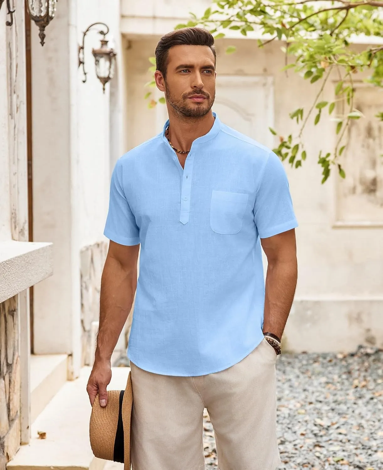 COOFANDY Men's Cotton Linen Henley Shirt Short Sleeve Hippie Casual Beach T-Shirts with Pocket