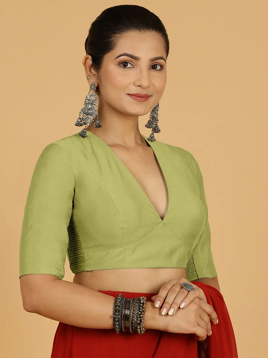 Damini x Rozaana | Pista Green Elbow Sleeves V-Neck Saree Blouse