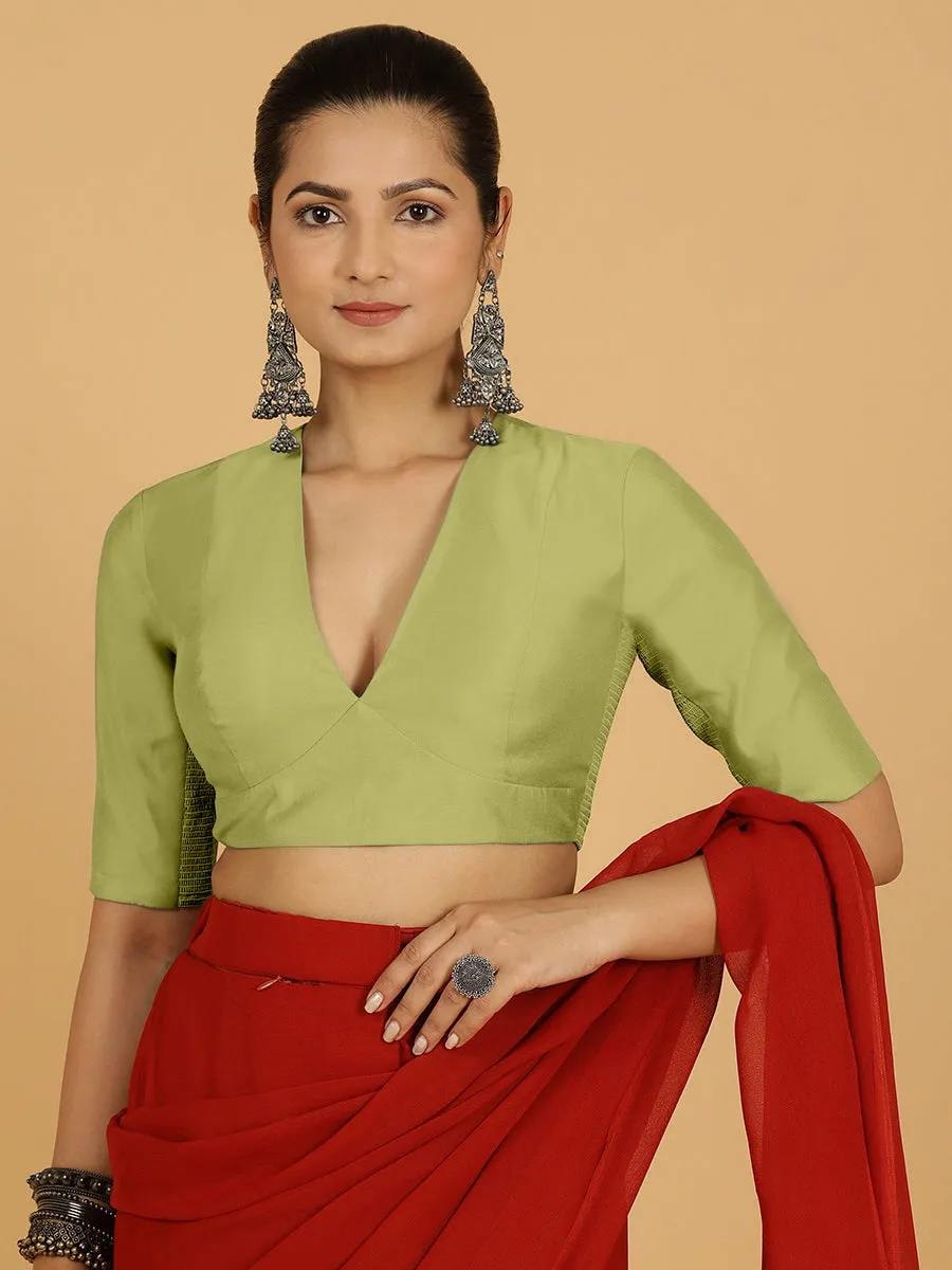 Damini x Rozaana | Pista Green Elbow Sleeves V-Neck Saree Blouse