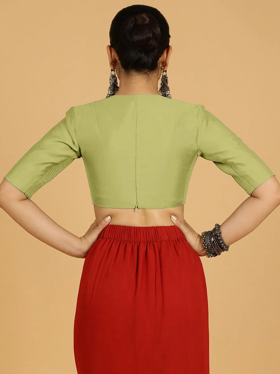 Damini x Rozaana | Pista Green Elbow Sleeves V-Neck Saree Blouse