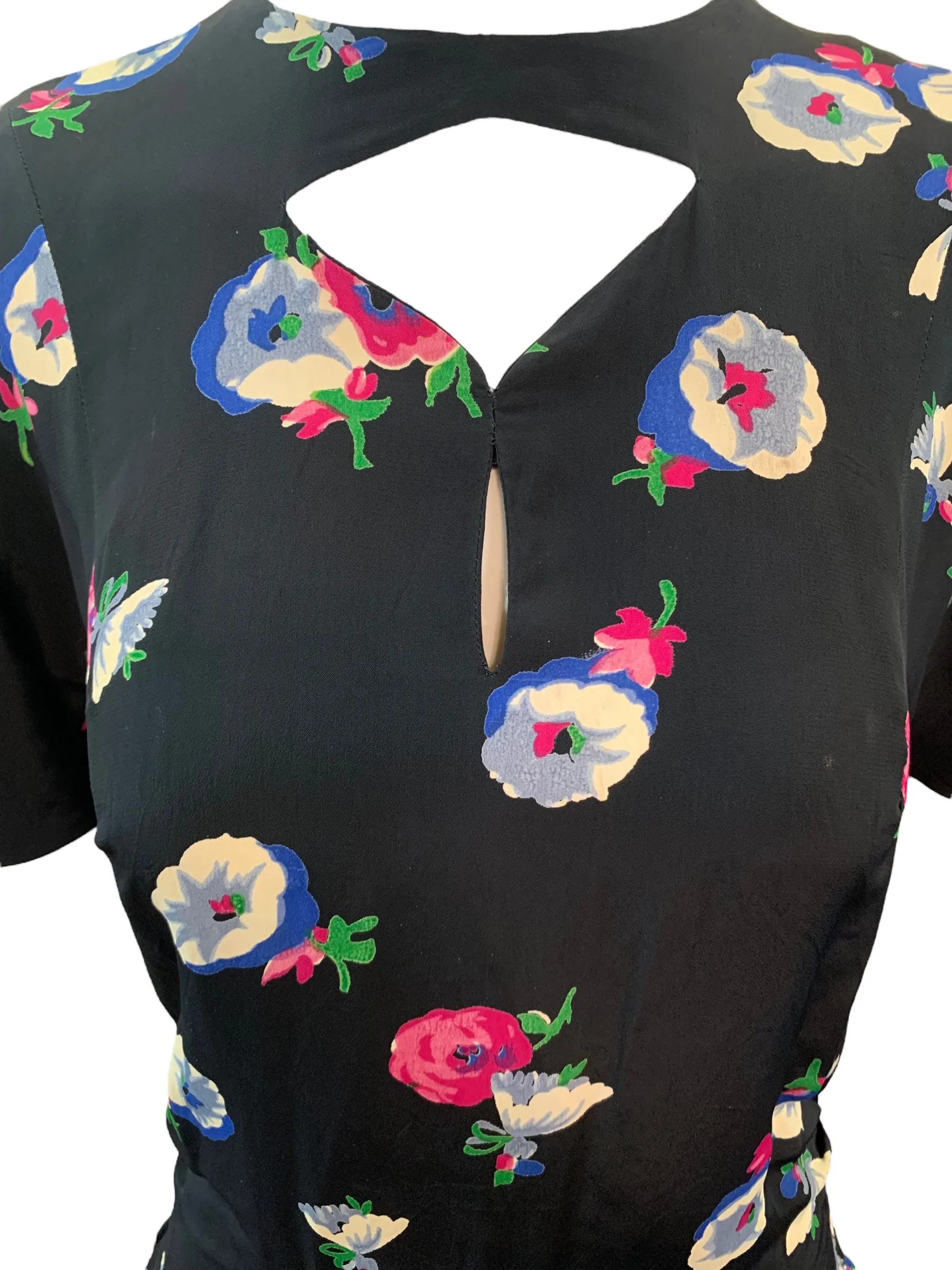Eisenberg Original 40s Blue Rayon Floral Dress with Peplum