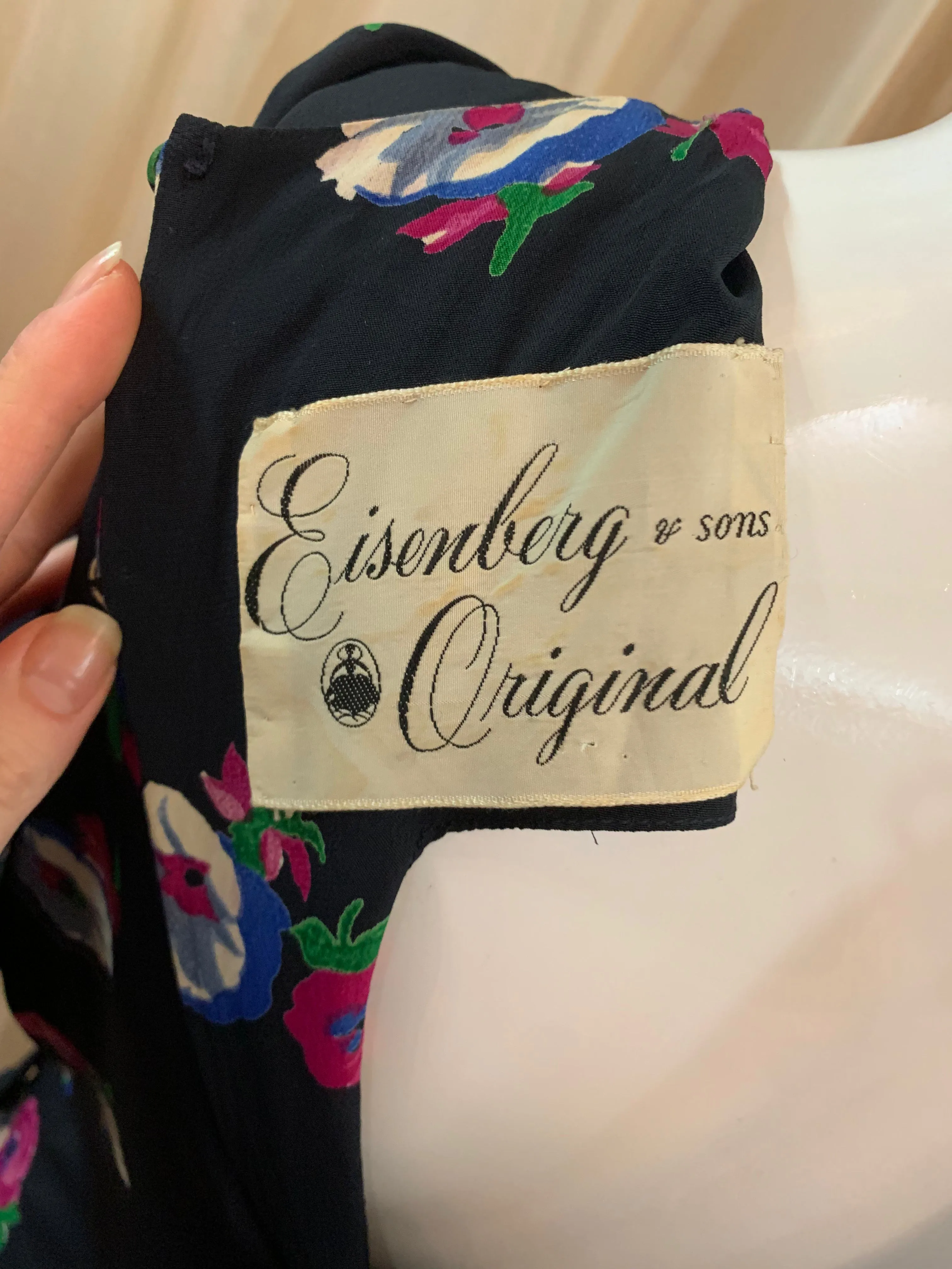 Eisenberg Original 40s Blue Rayon Floral Dress with Peplum
