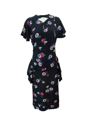 Eisenberg Original 40s Blue Rayon Floral Dress with Peplum