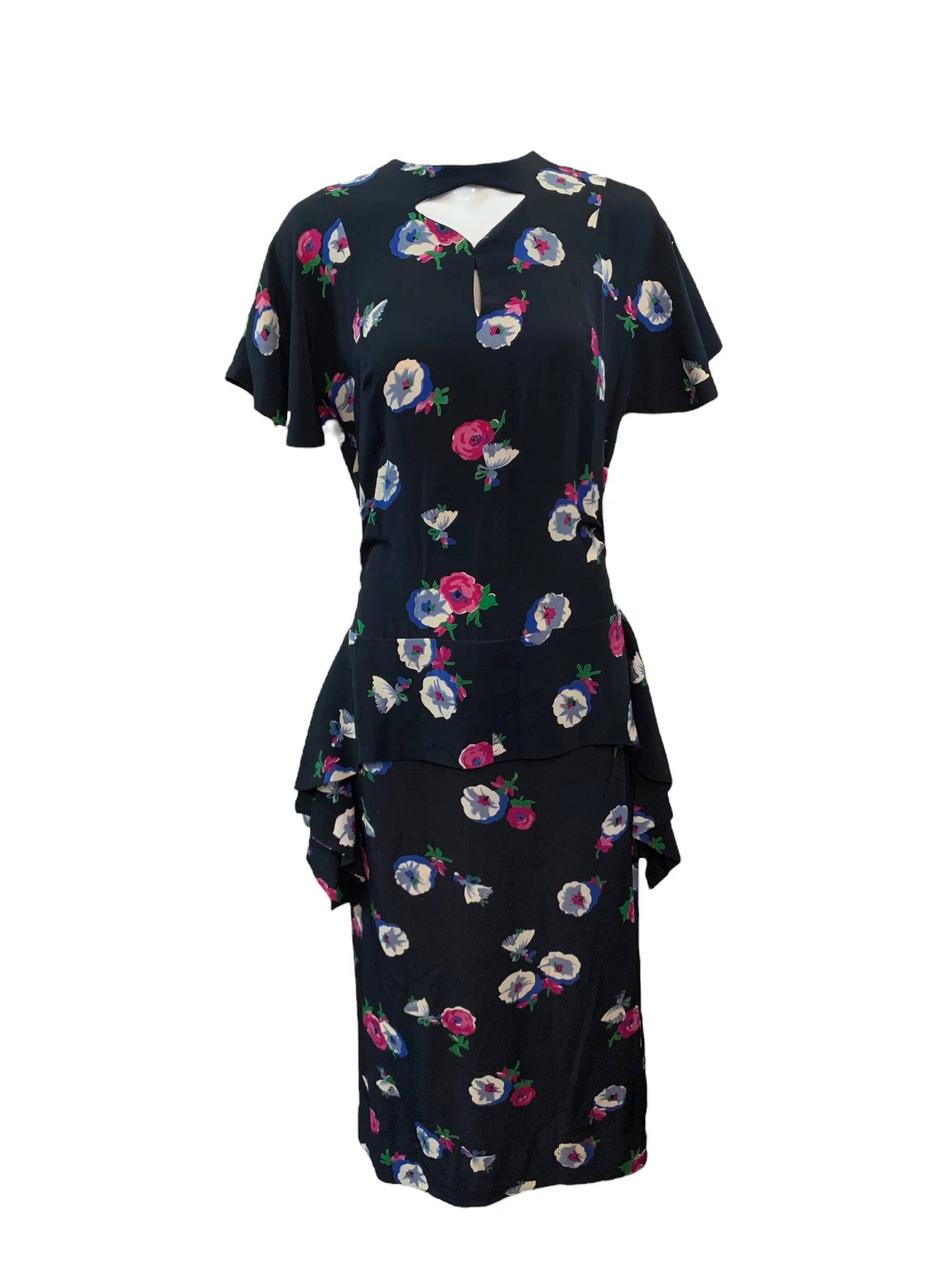Eisenberg Original 40s Blue Rayon Floral Dress with Peplum