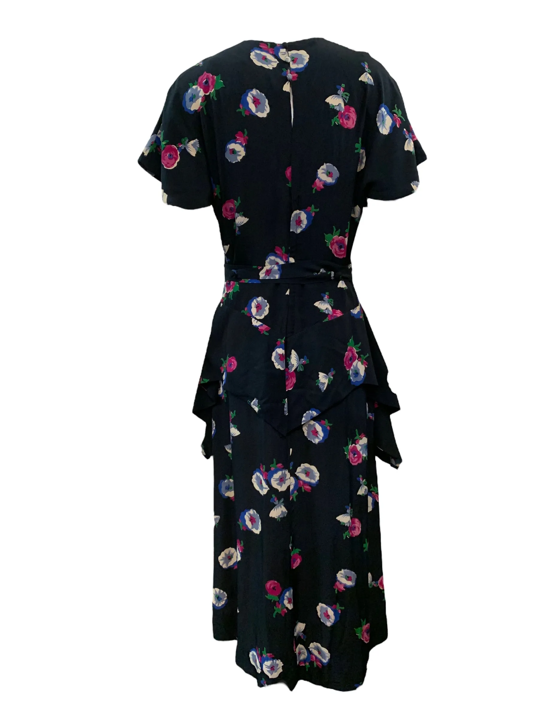 Eisenberg Original 40s Blue Rayon Floral Dress with Peplum