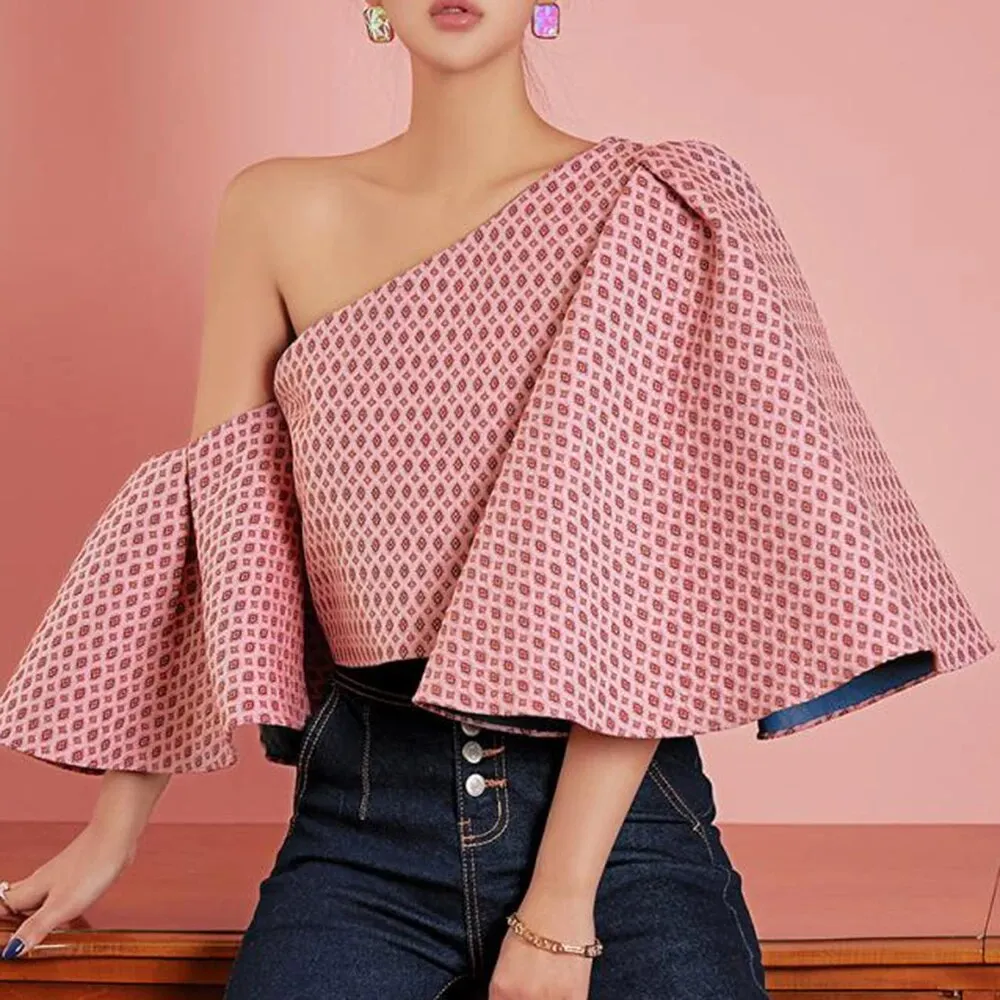 Elegant Printing Blouses For Women  Skew Collar Butterfly Sleeve Off Shoulder Casual Shirts Female Fashion Clothing