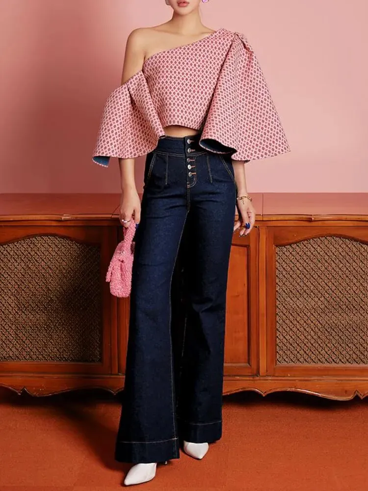 Elegant Printing Blouses For Women  Skew Collar Butterfly Sleeve Off Shoulder Casual Shirts Female Fashion Clothing