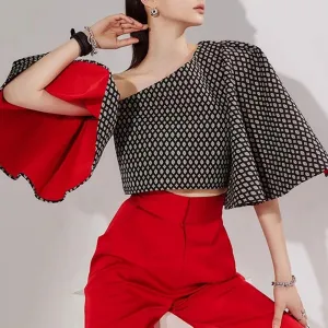Elegant Printing Blouses For Women  Skew Collar Butterfly Sleeve Off Shoulder Casual Shirts Female Fashion Clothing