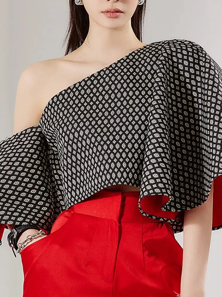 Elegant Printing Blouses For Women  Skew Collar Butterfly Sleeve Off Shoulder Casual Shirts Female Fashion Clothing