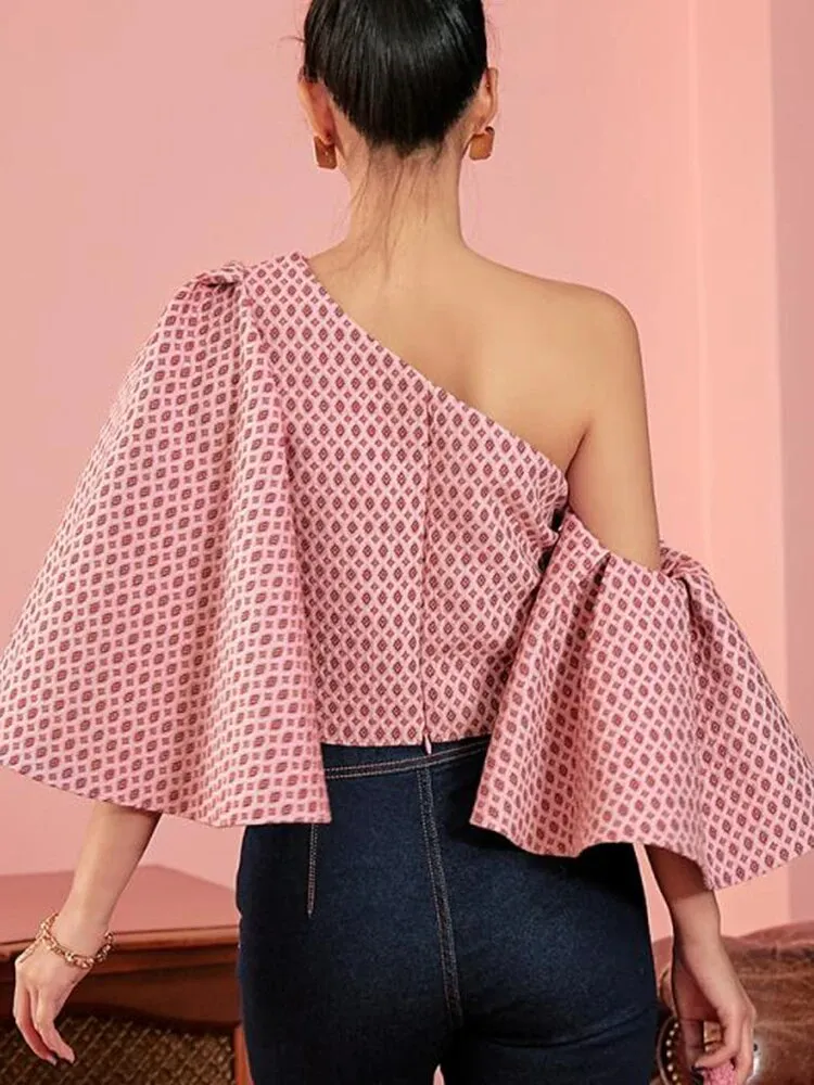 Elegant Printing Blouses For Women  Skew Collar Butterfly Sleeve Off Shoulder Casual Shirts Female Fashion Clothing