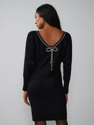 Embellished Rhinestone Bow Back Sweater Dress