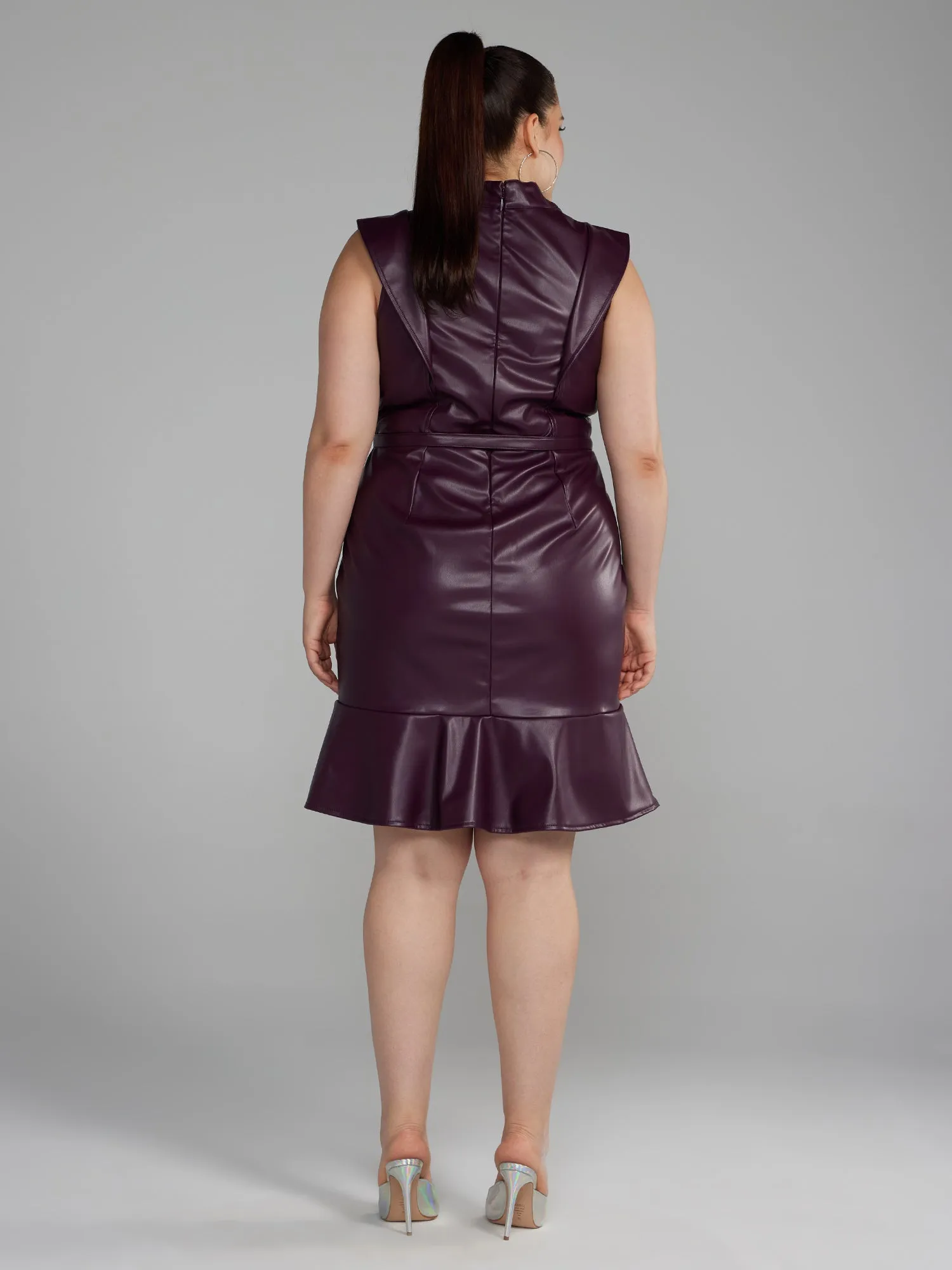 Fashion To Figure - Belted Faux Leather Ruffle Detail Dress