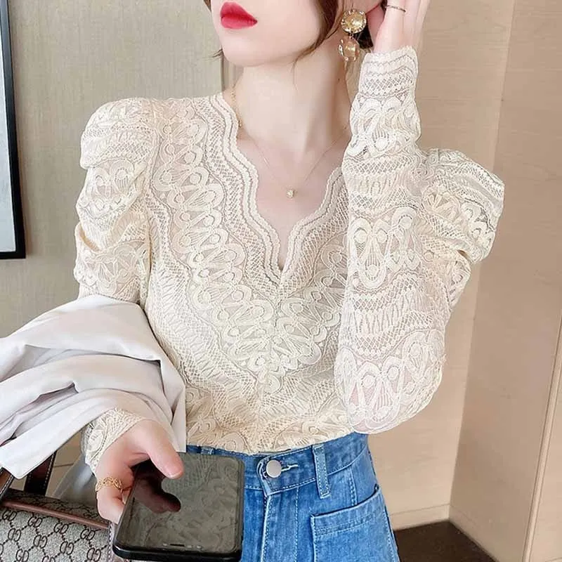 Fashionkova  Fashion Women's Long Sleeve Top Autumn Vintage Sexy Lace Blouse Women Elegant V Neck Crochet Flower Lace Bottoming Shirt 16503