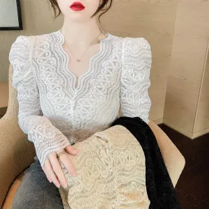 Fashionkova  Fashion Women's Long Sleeve Top Autumn Vintage Sexy Lace Blouse Women Elegant V Neck Crochet Flower Lace Bottoming Shirt 16503