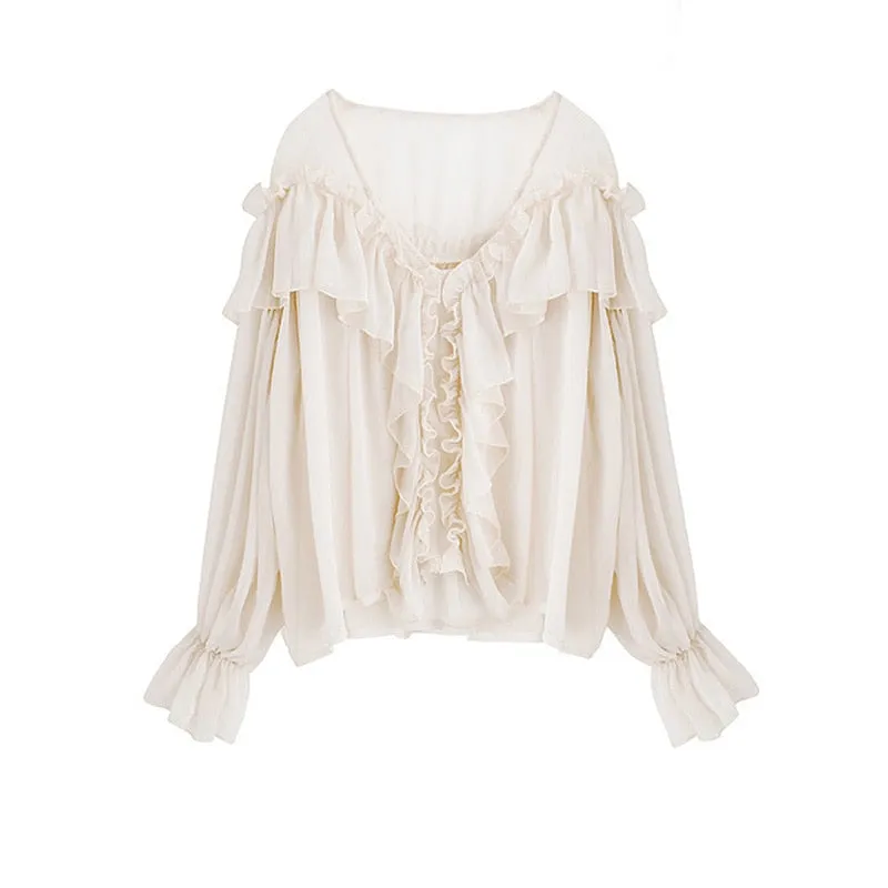 Fashionkova  V-Neck Sexy Shirts Women See Through Boho Mesh Blouse Summer Ruffle Flare Sleeve Elegant Peplum Tops Ruffles Ladies Blusas 13459