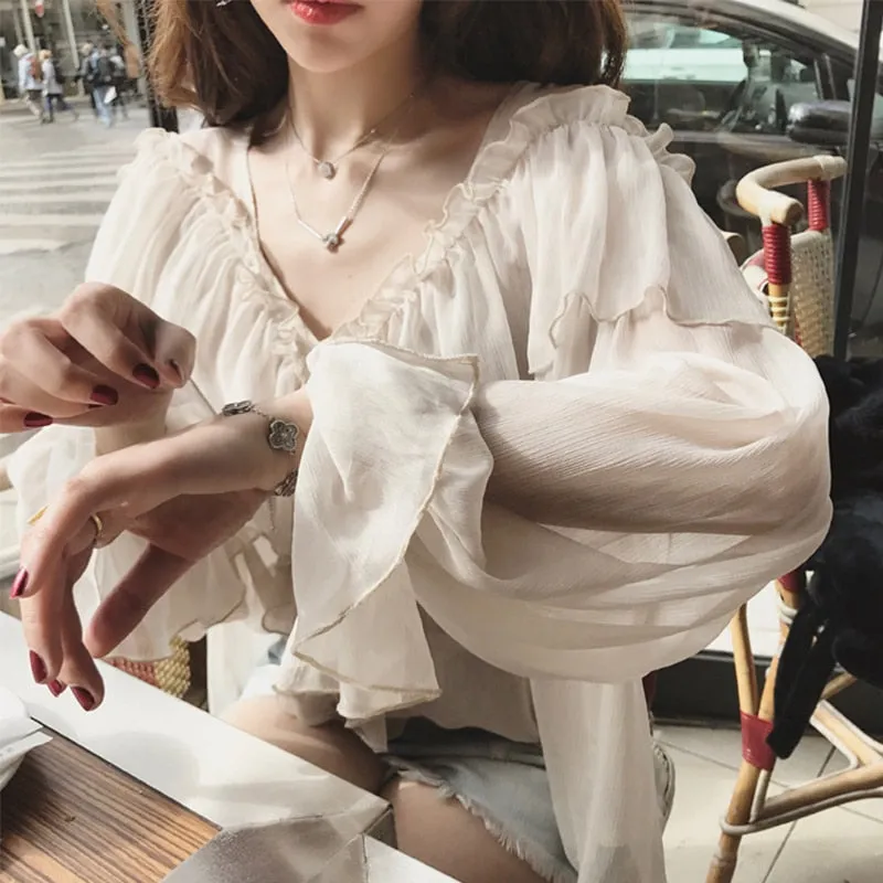 Fashionkova  V-Neck Sexy Shirts Women See Through Boho Mesh Blouse Summer Ruffle Flare Sleeve Elegant Peplum Tops Ruffles Ladies Blusas 13459