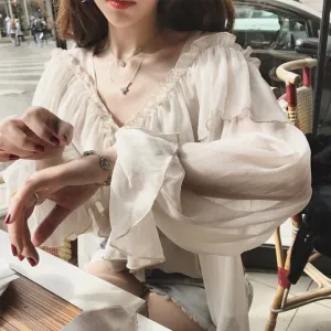 Fashionkova  V-Neck Sexy Shirts Women See Through Boho Mesh Blouse Summer Ruffle Flare Sleeve Elegant Peplum Tops Ruffles Ladies Blusas 13459