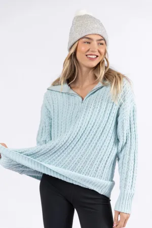 Forever Yours Blue Cable Knit Chenille Quarter Zip Sweater SALE