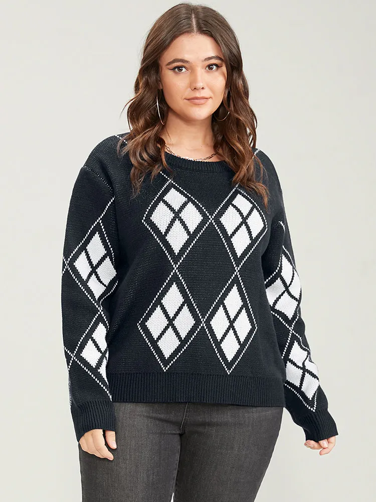 Geometric Contrast Pointelle Knit Round Neck Knit Top