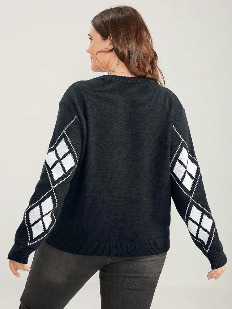 Geometric Contrast Pointelle Knit Round Neck Knit Top