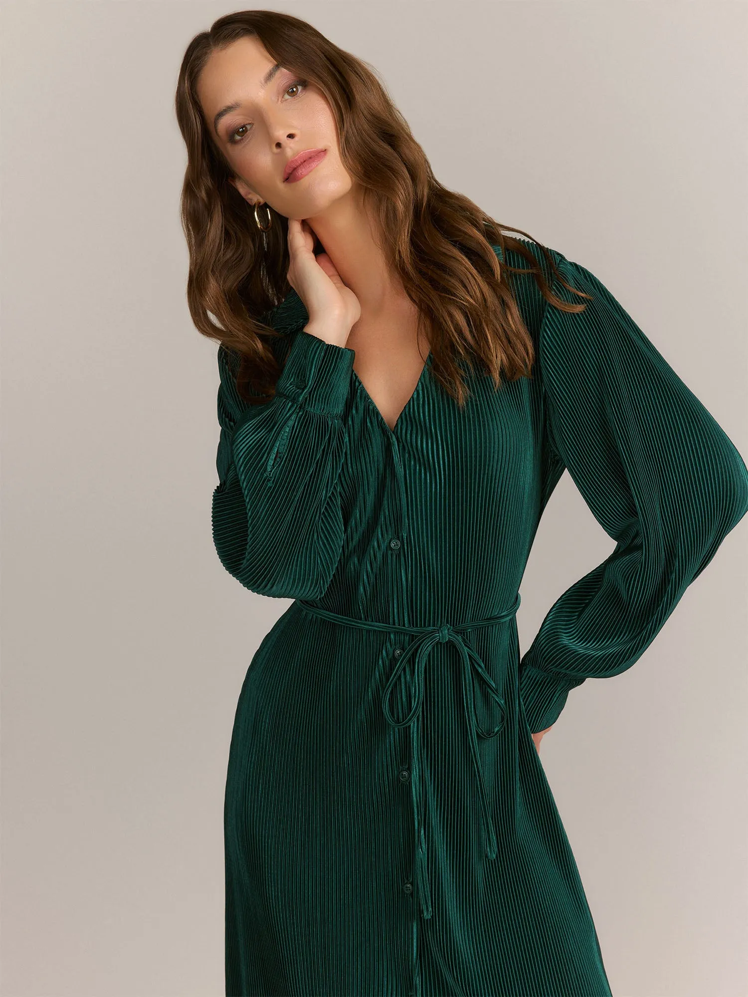 Gilli Long Sleeve Self Tie Plisse Shirt Dress - Brands We Love