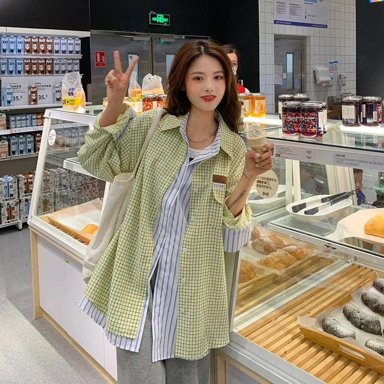 Girlary Women Patchwork Plaid Shirts and Blouses Y2k Vintage Korean Harajuku Fashion 90s Elegant Long Sleeve Polo-Neck Shirt Top Clothes