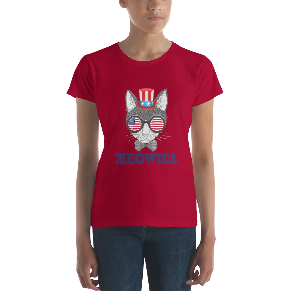 Gray Cat With Hat & Sunnies USA Blue Women's Tee