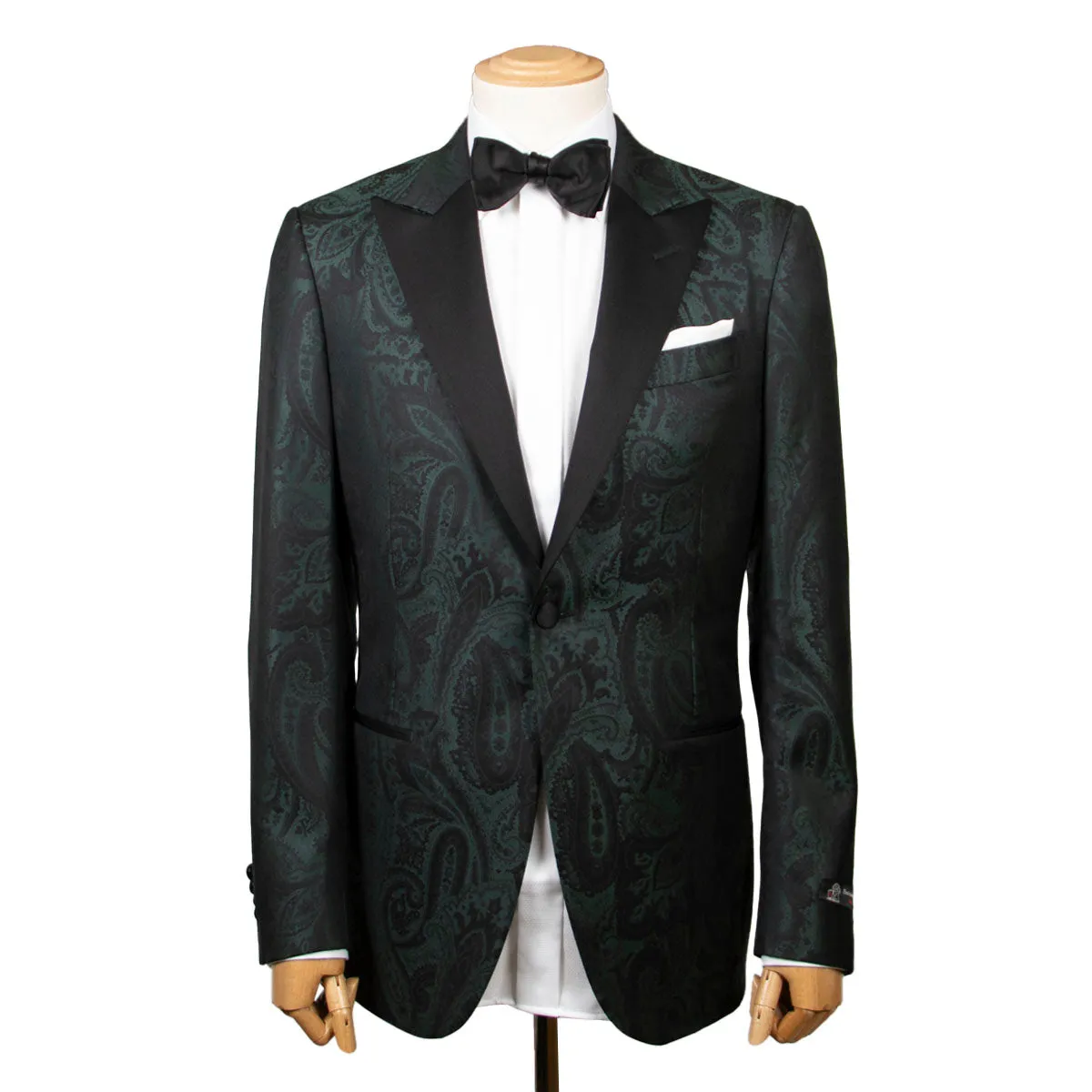 Green & Black Paisley Wool & Silk Jacquard Tuxedo Jacket