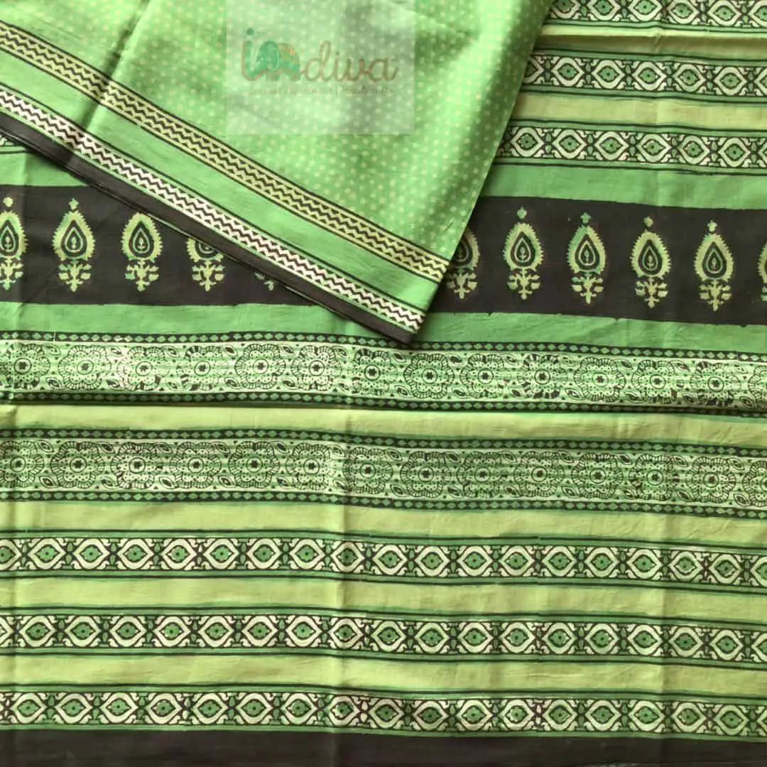 Green Mul Cotton Bagru Printed Saree