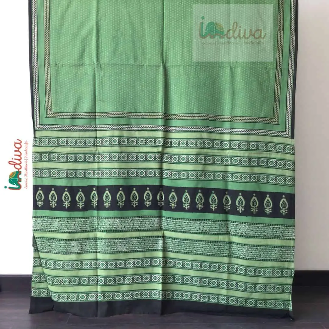 Green Mul Cotton Bagru Printed Saree