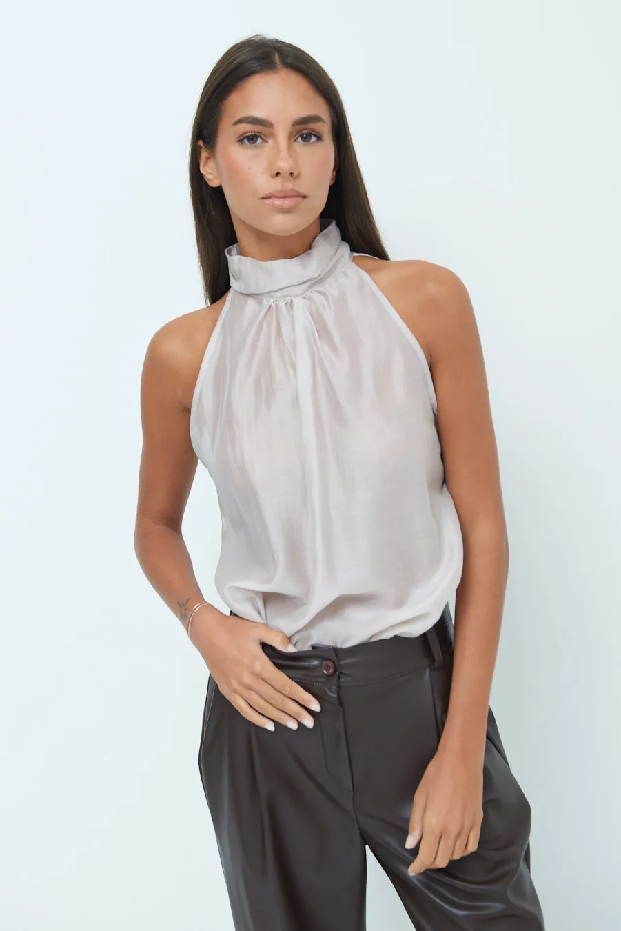 Halter neck blouse with ruched high collar wholesale