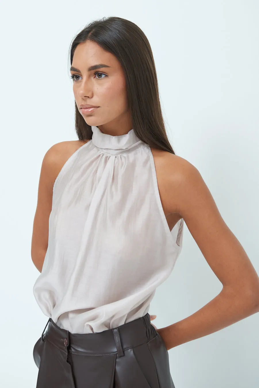 Halter neck blouse with ruched high collar wholesale