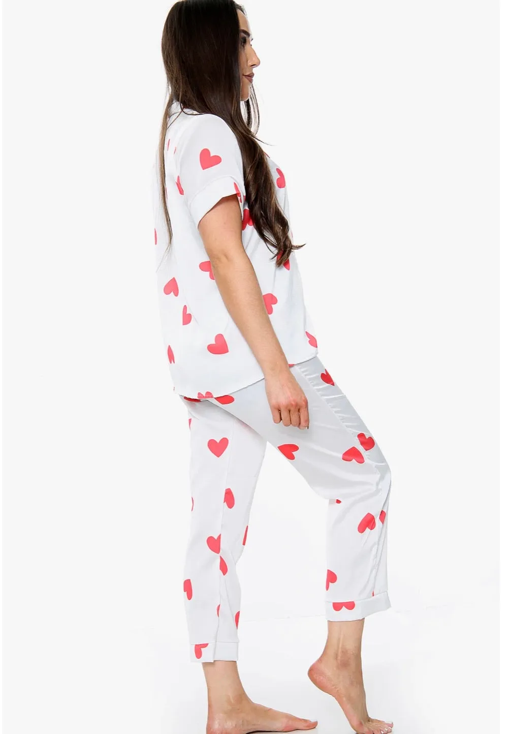 Hearts satin long trousers  pyjamas - one size 2 colours - black and white