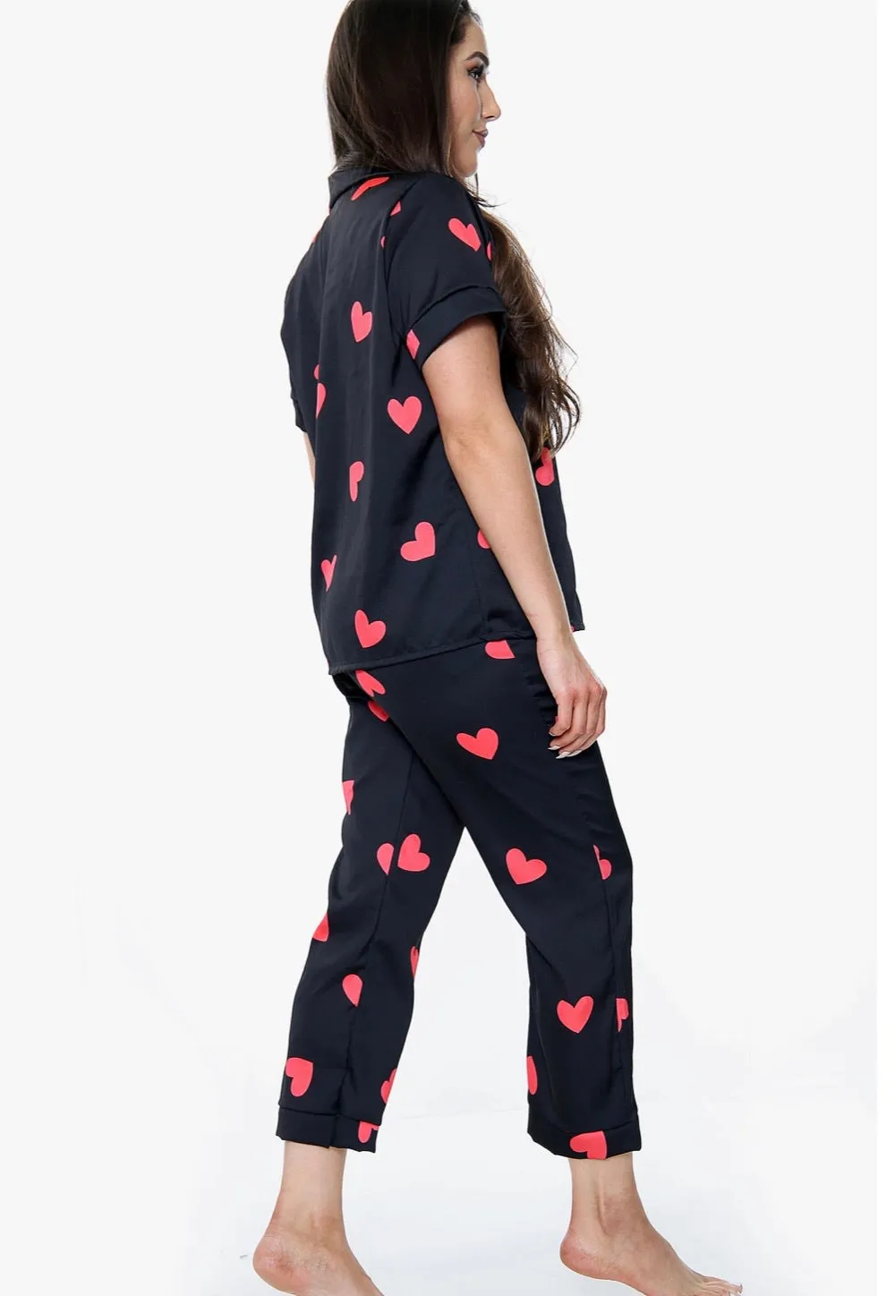 Hearts satin long trousers  pyjamas - one size 2 colours - black and white