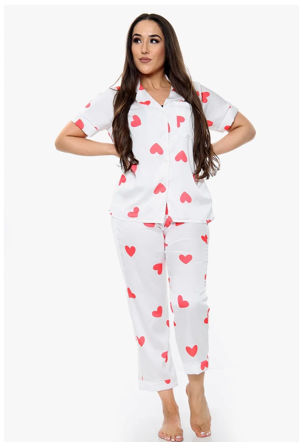 Hearts satin long trousers  pyjamas - one size 2 colours - black and white