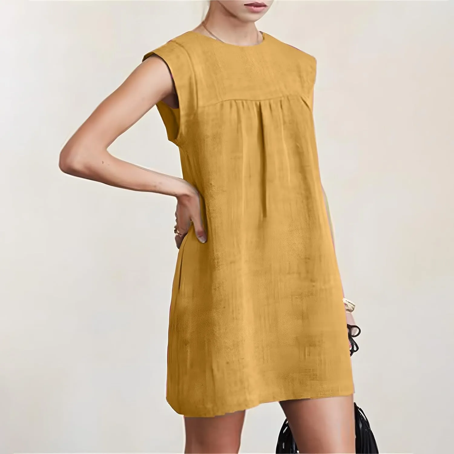 JOAU Womens Crew Neck Sleeveless Cotton Linen Tank Dress Casual Loose Shift Tunic Mini Dresses Summer Beach Vacation Sundress