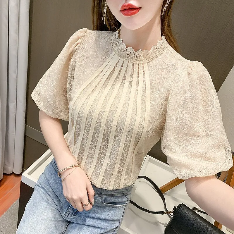 Joskaa Christmas Gift Puff Sleeve O-neck Collar Women Tops Elegant Patchwork Crochet Women Shirt Ladies White Lace Blouse Plus Size Blusas Mujer 13908