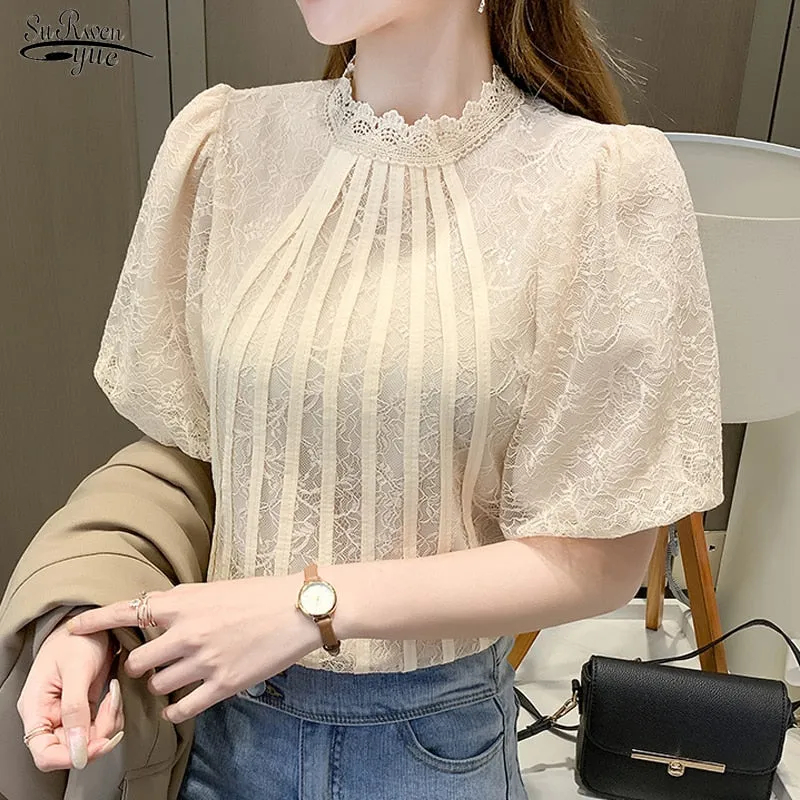 Joskaa Christmas Gift Puff Sleeve O-neck Collar Women Tops Elegant Patchwork Crochet Women Shirt Ladies White Lace Blouse Plus Size Blusas Mujer 13908