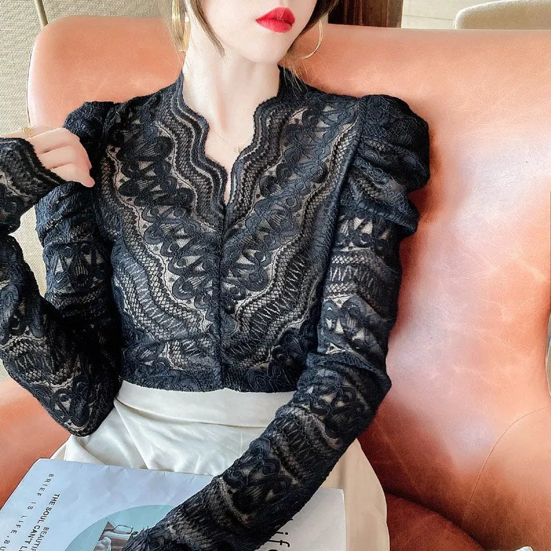 Joskaa Christmas Gift Vintage Sexy Lace Blouse Women Elegant Fashion Women's Long Sleeve Top Autumn V Neck Crochet Flower Lace Bottoming Shirt 16503