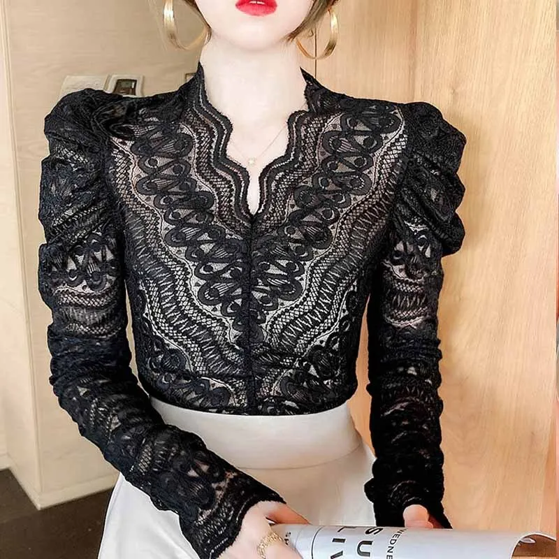 Joskaa Christmas Gift Vintage Sexy Lace Blouse Women Elegant Fashion Women's Long Sleeve Top Autumn V Neck Crochet Flower Lace Bottoming Shirt 16503
