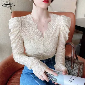 Joskaa Christmas Gift Vintage Sexy Lace Blouse Women Elegant Fashion Women's Long Sleeve Top Autumn V Neck Crochet Flower Lace Bottoming Shirt 16503