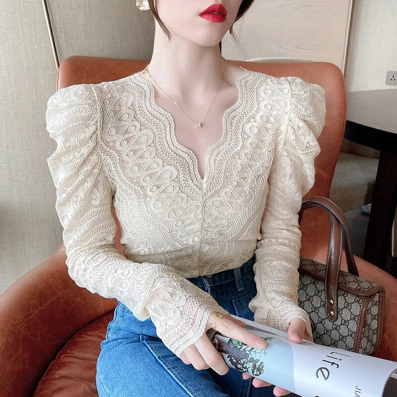 Joskaa Christmas Gift Vintage Sexy Lace Blouse Women Elegant Fashion Women's Long Sleeve Top Autumn V Neck Crochet Flower Lace Bottoming Shirt 16503