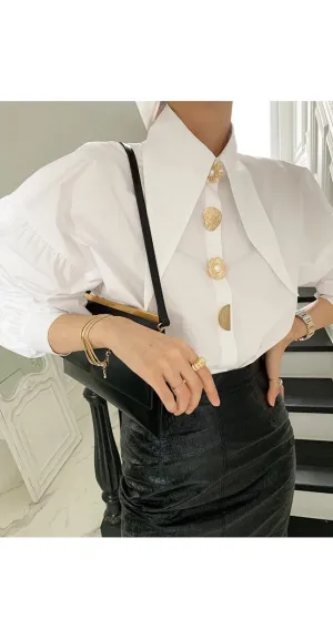 Joskaa Christmas Stylish Chic Lantern Sleeve Women White Shirts Blouses Spring Buttons Loose Female Shirts Tops Elegant Ladies Blusas