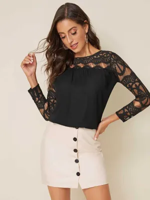 Keyhole Back Lace Yoke Blouse