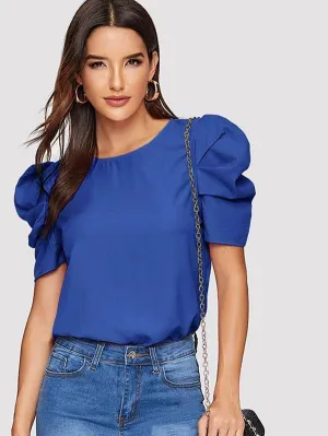 Keyhole Back Puff Sleeve Solid Top