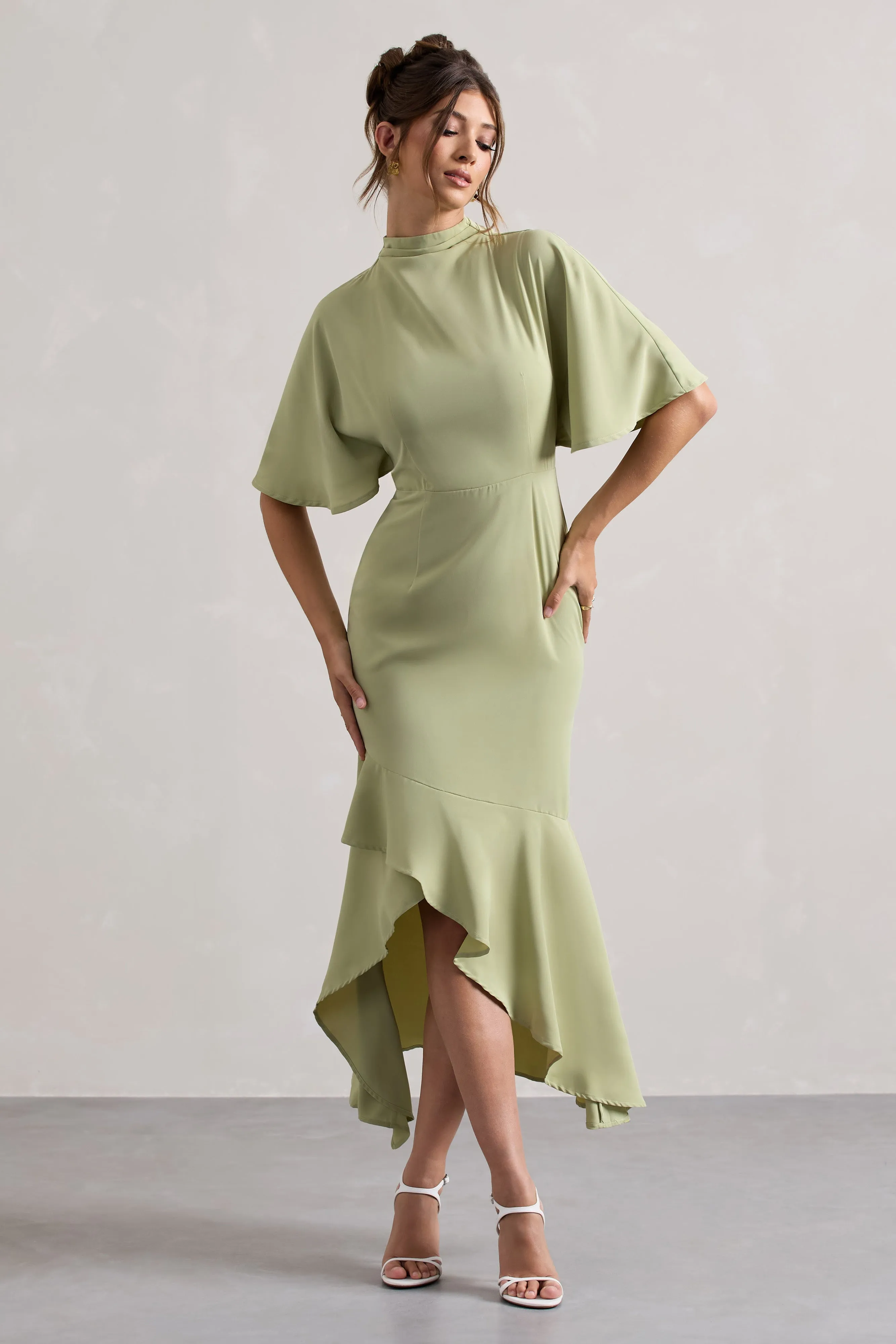 Lavinia | Sage High-Neck Flutter-Sleeve Asymmetric Maxi Dress